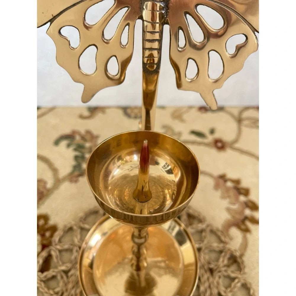 Vintage Tall Brass Butterfly Reflector Candlestick Candle Holder Korea MCM